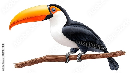 of a vibrant toucan bird perched on a tropical tree branch created with a stippled ink technique that enhances the detailed feather textures and patterns