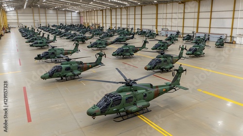 Obraz na płótnie Panoramic shot of a vast aircraft hangar filled with meticulously arranged modern military helicopters showcasing their advanced weapon systems unique rotor detailed airframe structures w salonie