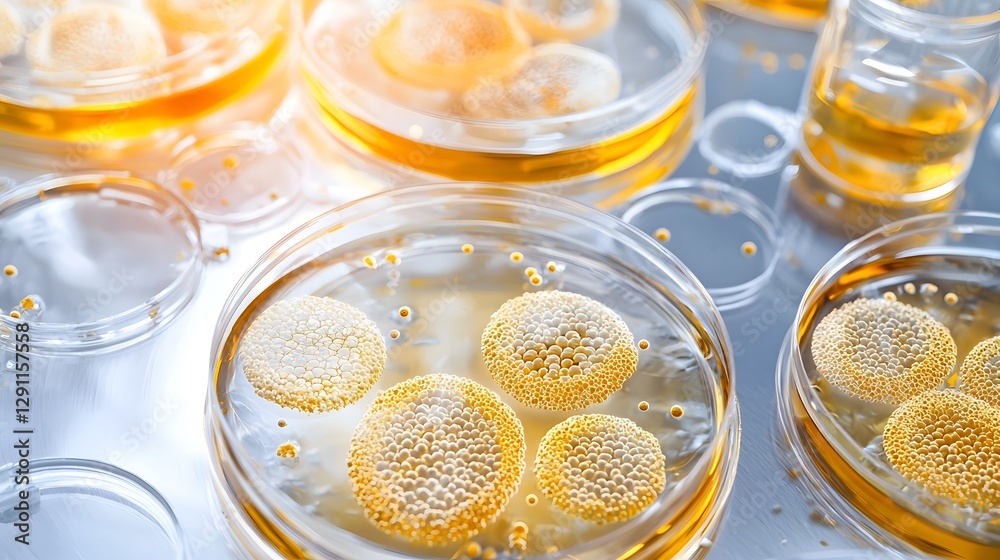 Petri dish filled with bacilli bacteria colonies reacting to an experimental drug with natural daylight highlighting the intricate bacterial patterns in a refined laboratory themed medium shot