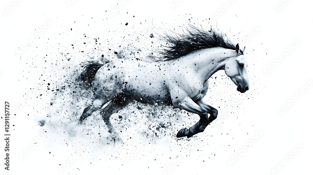 Powerful and energetic ink drawing depicting a galloping horse in motion with expressive cross hatching and dynamic lines conveying a sense of speed force and unbridled spirit The monochrome