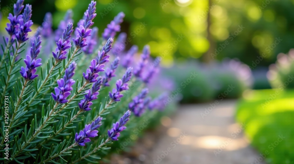Obraz premium Vibrant purple blossoms flourishing in a sunlit garden path scene