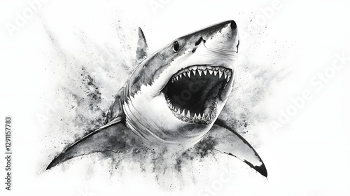 Obraz na płótnie Powerful and Fierce Great White Shark Emerging from the Depths of the Ocean in a Bold Black and White Ink Sketch This Digital Art Graphic Design Captures the Predatory Nature and Aggressive Behavior w salonie
