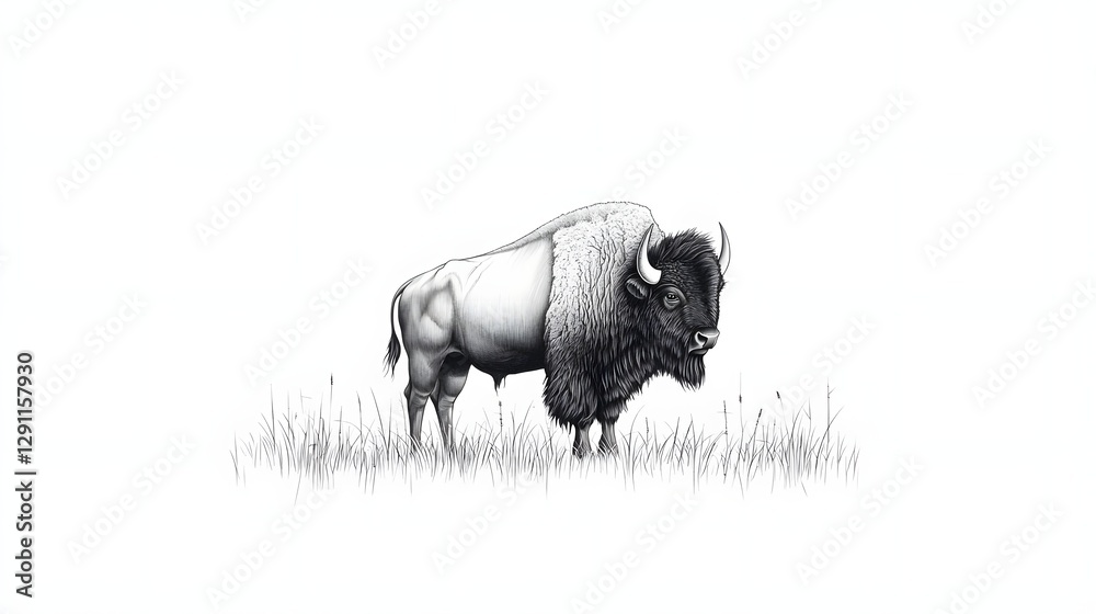 Powerful and Majestic Bison Standing Tall Amid the Wide Open Expanse of a Serene Prairie Landscape Rendered in a Detailed Traditional Western Engraving Style