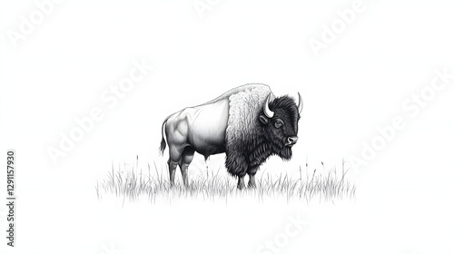 Obraz na płótnie Powerful and Majestic Bison Standing Tall Amid the Wide Open Expanse of a Serene Prairie Landscape Rendered in a Detailed Traditional Western Engraving Style w salonie