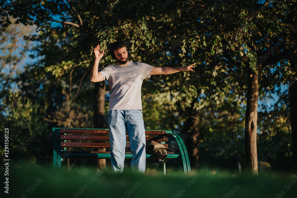 A bearded man stands by a park bench, enjoying a peaceful moment in nature. The sunlight filters through the trees, creating a warm and serene atmosphere perfect for relaxation and contemplation. A bearded man stands by a park bench, enjoying a peaceful moment in nature. The sunlight filters through the trees, creating a warm and serene atmosphere perfect for relaxation and contemplation.