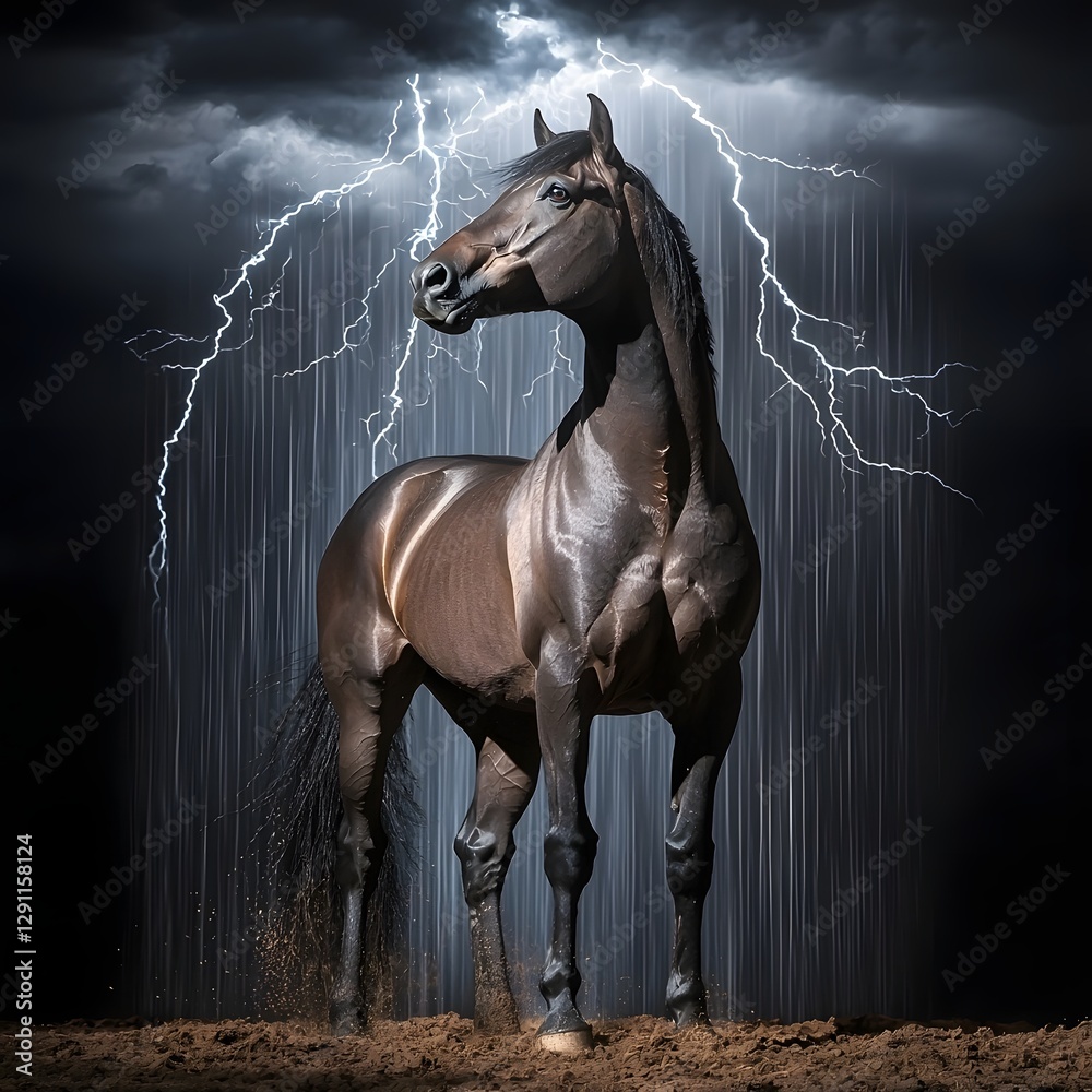 Powerful and Muscular Horse Standing Tall Amidst a Dramatic Thunderstorm Its Form Illuminated by Striking Bolts of Lightning Against a Moody Chiaroscuro Inspired Background