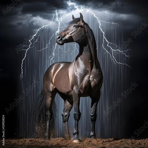 Obraz na płótnie Powerful and Muscular Horse Standing Tall Amidst a Dramatic Thunderstorm Its Form Illuminated by Striking Bolts of Lightning Against a Moody Chiaroscuro Inspired Background w salonie