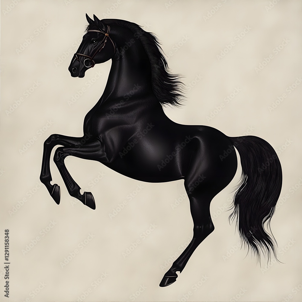 Powerful and majestic rearing stallion depicted in a classic scratchboard technique showcasing intense black and white contrast and deep textural details that emphasize the horse s sheer power motion