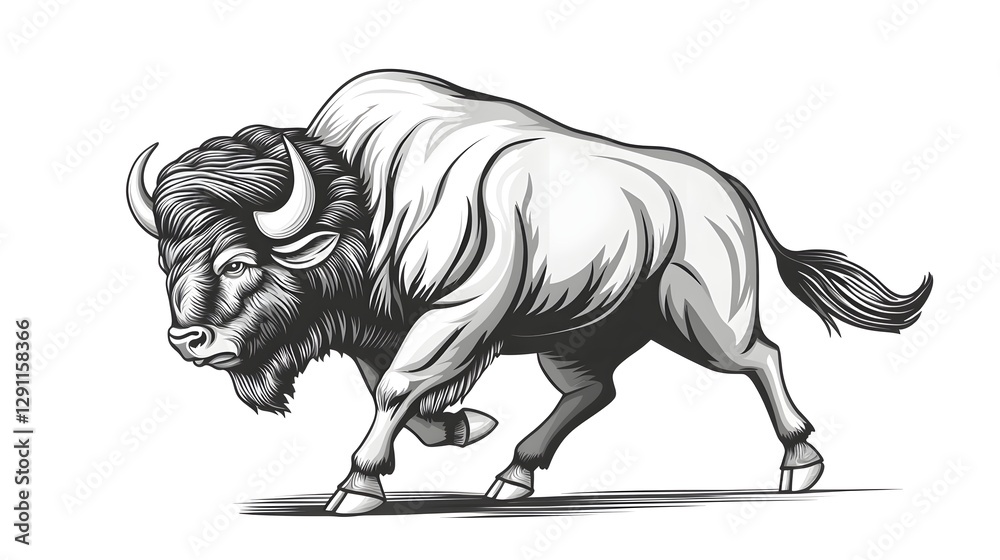 Powerful bison charging forcefully across the prairie captured in a dramatic vintage Western engraving style with bold dynamic strokes and a strong sense of energy and motion