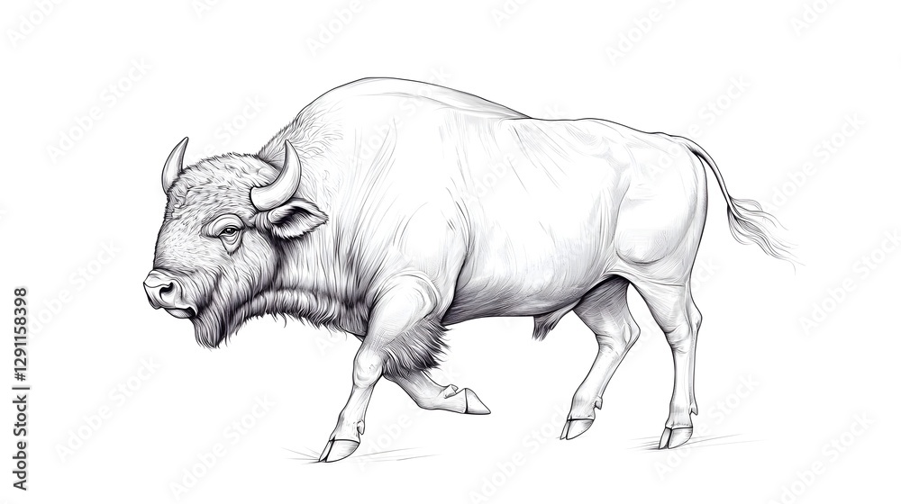Powerful Bison Charging Through Prairie Captured in Vintage Western Engraved Style with Dynamic Strokes and Monochrome Tones