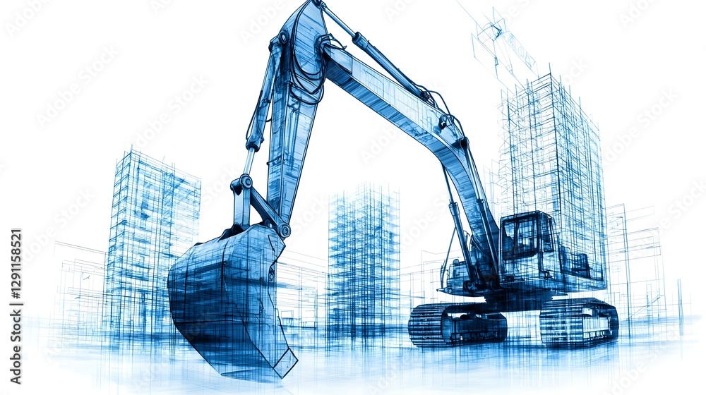 Powerful construction machinery including a large excavator silhouetted against the towering skyscrapers of a modern city skyline on a bustling building site The image conveys a sense of scale