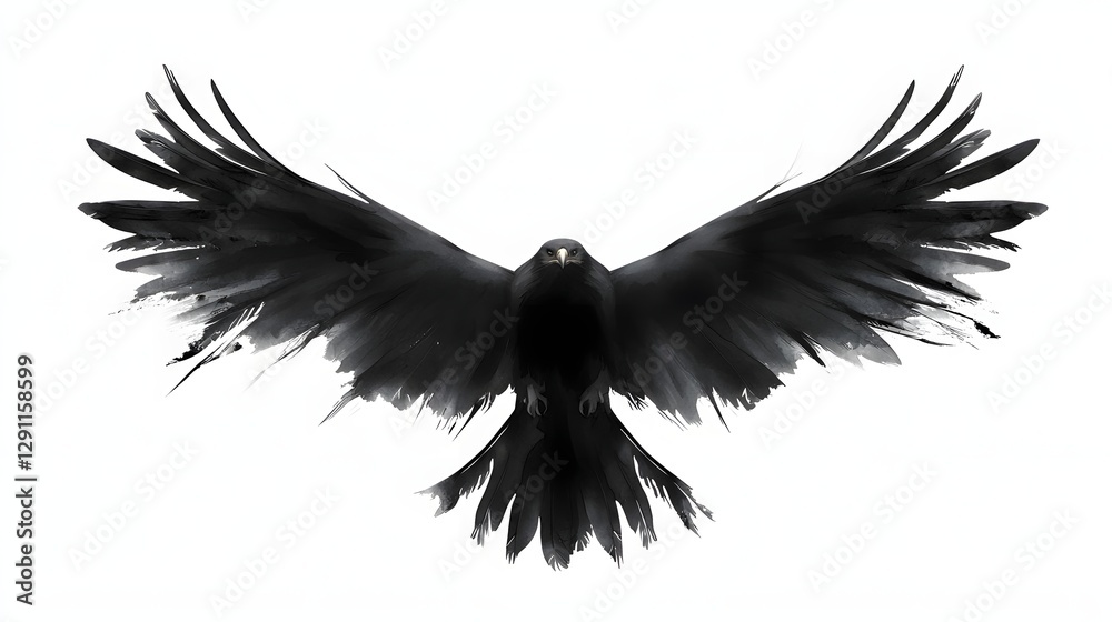 Powerful Eagle Soaring with Outstretched Wings Captured in a Classic Pen and Ink Drawing Showcasing Intricate Feather Details and Dramatic Contrast
