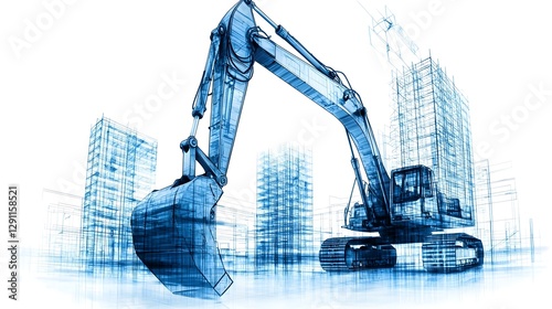 Obraz na płótnie Powerful construction machinery including a large excavator silhouetted against the towering skyscrapers of a modern city skyline on a bustling building site The image conveys a sense of scale w salonie