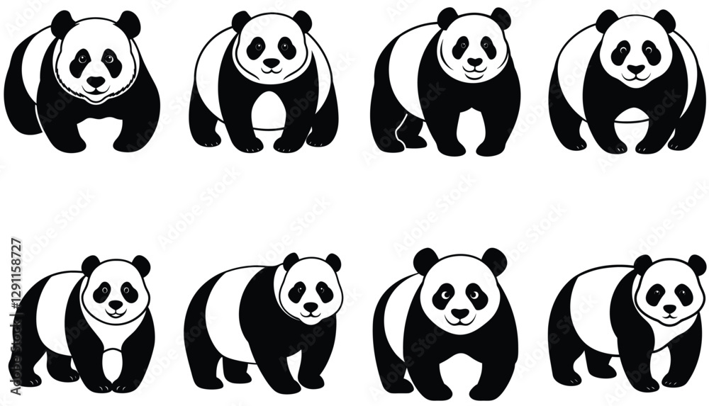 Fototapeta premium Panda vector shilhouette bundle. Panda vector set icon.