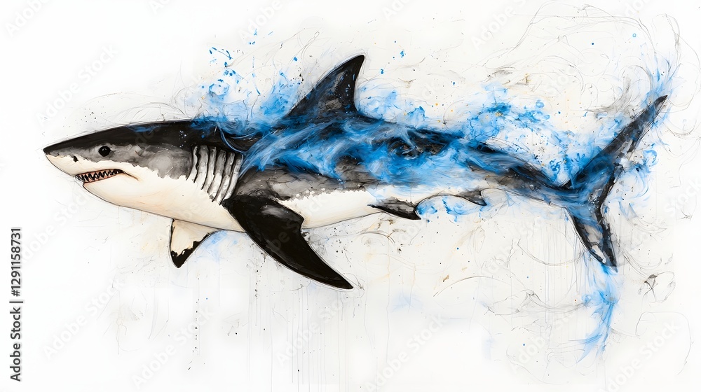 Powerful Great White Shark Emerging from the Depths of the Ocean in a Bold Black and White Ink Composition with Dramatic Splashes and Movements