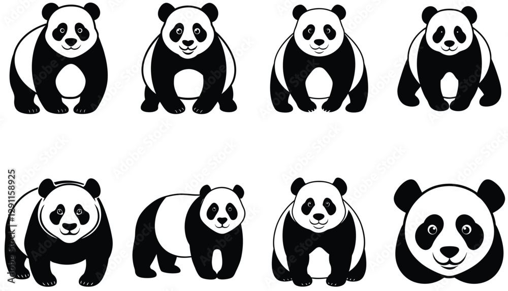 Fototapeta premium Panda vector shilhouette bundle. Panda vector set icon.