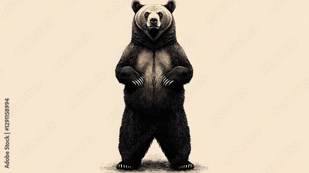 Powerful Grizzly Bear Standing Tall and Fierce Illustrated in a Bold Black and White Ink Composition with a Contemporary Graphic Aesthetic