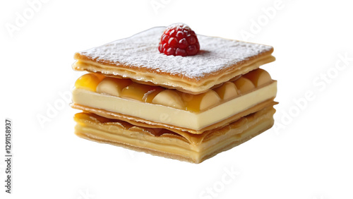 Classic Mille-Feuille Pastry with Vanilla Cream, Caramel, and Raspberry – A High-Quality PNG Image with a Transparent Background for Versatile Use