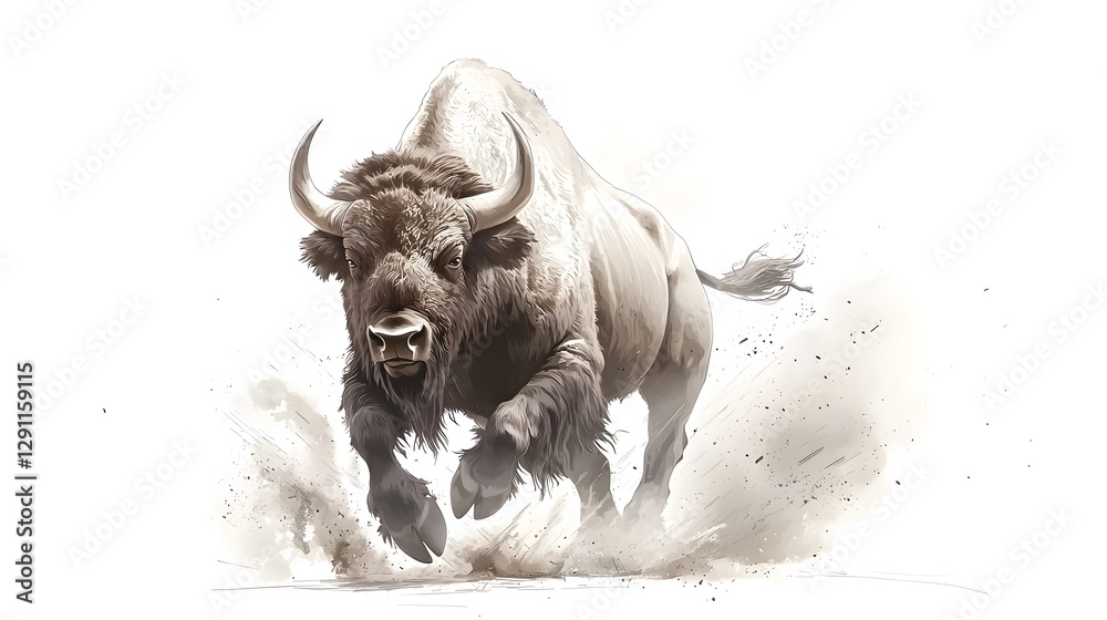 Powerful Majestic Bison Charging Through the Prairie Captured in a Dramatic Vintage Western Engraving Style with Bold Dynamic Strokes