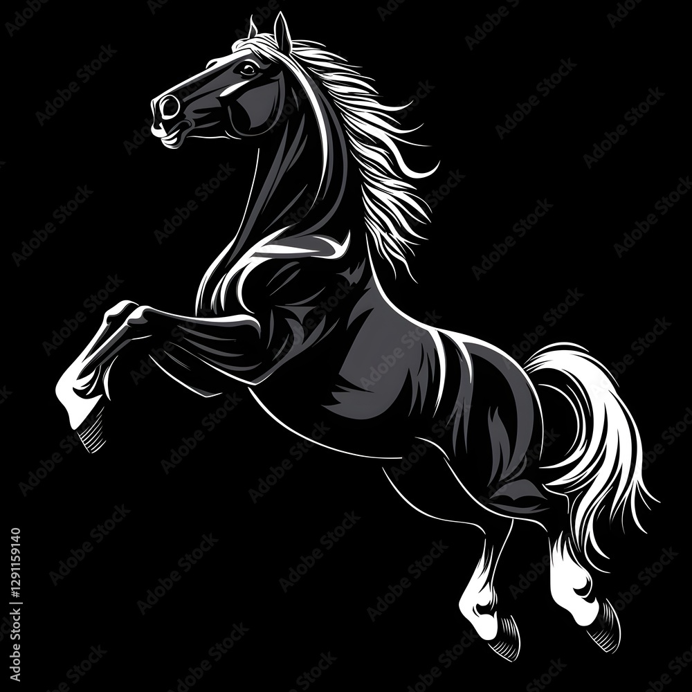 Powerful rearing stallion depicted in a classic black and white scratchboard intense contrast and deep textures that emphasize the horse s raw energy strength and majestic presence
