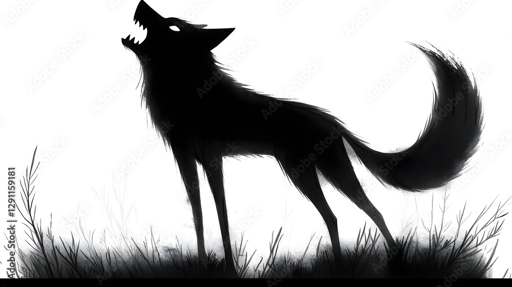 Powerful silhouette of a howling wolf against a dense mysterious pine forest backdrop depicted in a stark high contrast black and white ink style The scene evokes a sense of primal wilderness