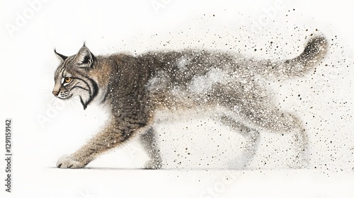 Powerful lynx crouching and ready to pounce depicted in an ultra detailed pen and ink drawing with fine expressive fur patterns and a dramatic winter wilderness backdrop