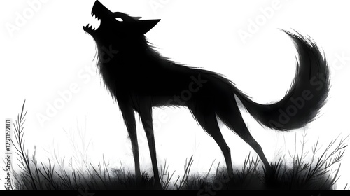 Obraz na płótnie Powerful silhouette of a howling wolf against a dense mysterious pine forest backdrop depicted in a stark high contrast black and white ink style The scene evokes a sense of primal wilderness w salonie