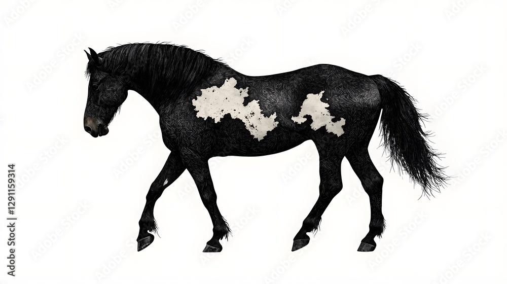 Regal and powerful horse in full gallop stride portrayed in a fine cross hatched ink drawing that meticulously highlights the muscular definition and athletic grace of this majestic equine