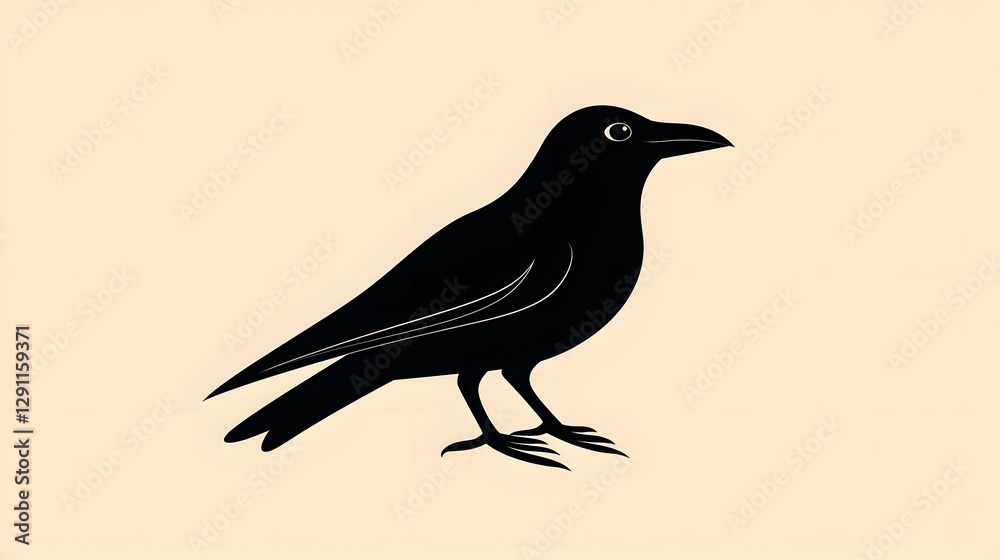Regal raven with slightly open beak depicted in a dark dramatic woodcut print style This monochrome has a bold graphic with a mysterious ominous feel