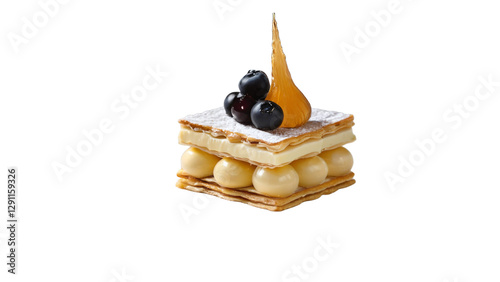 Classic Mille-Feuille Pastry with Vanilla Cream, Caramel, and Raspberry – A High-Quality PNG Image with a Transparent Background for Versatile Use