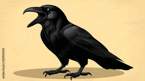 Regal raven with its beak slightly open drawn in a dark dramatic woodcut print style The bird s powerful presence and moody atmospheric aesthetic create a sense of mystery and foreboding