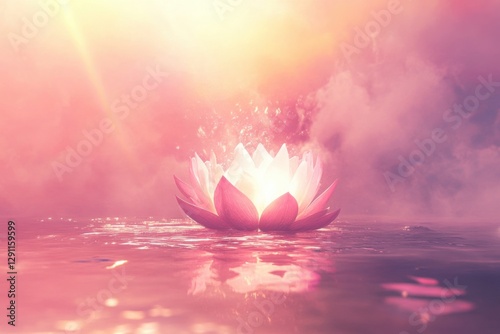 Blossoming lotus flower illuminated in a serene lake during sunrise with soft mist enveloping the water