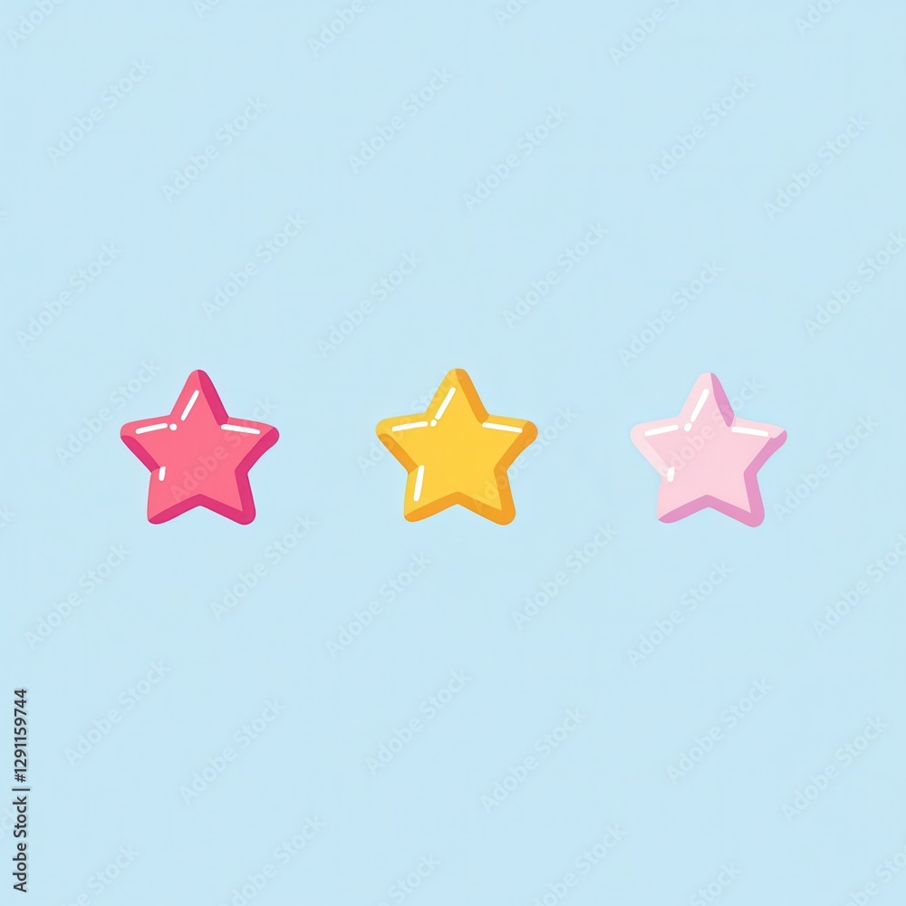 Three colorful, glossy stars in pink, yellow, and light pink against a soft blue background. Three colorful, glossy stars in pink, yellow, and light pink against a soft blue background.