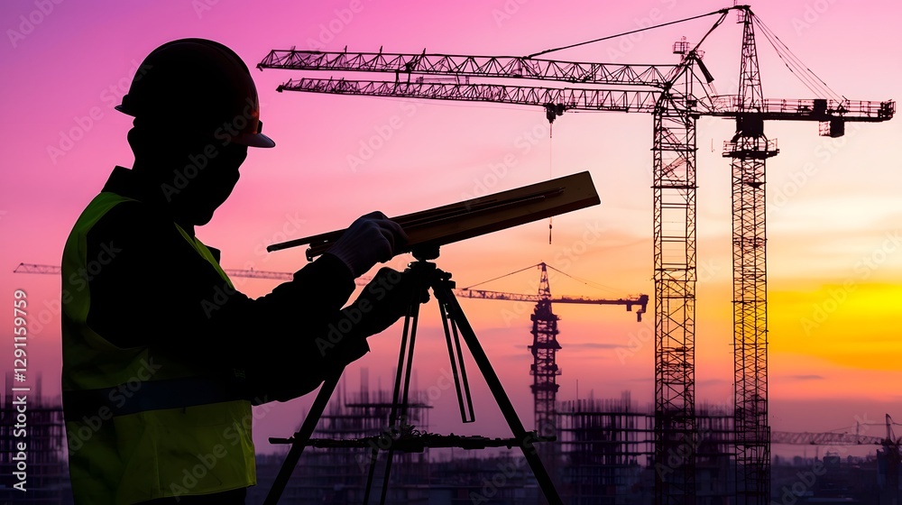 Silhouetted land surveyor using measurement tools to mark and map construction site at sunset Double exposure image showcasing precision and planning for infrastructure and development projects