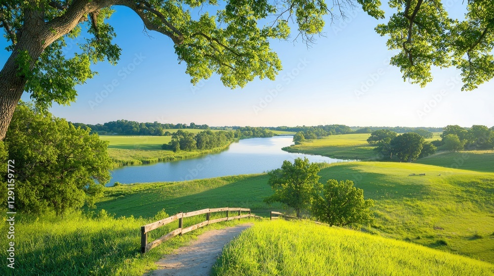 Naklejka premium Scenic River Path Sunny day, winding river, green fields, tree-lined banks; ideal for travel brochures