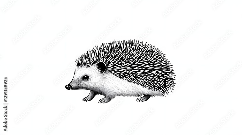 Sleeping Hedgehog Curled Up in a Peaceful Pose Its Spines Rendered in a Meticulous Stippling Ink Style