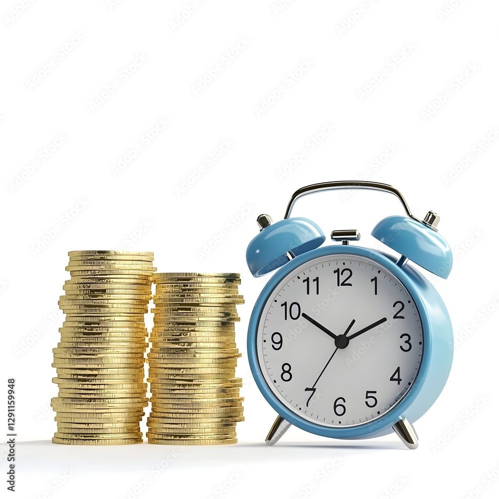 Stacked gold coins and an alarm clock on a clean white background symbolizing the importance of savings investment and time management in planning for a secure and prosperous retirement