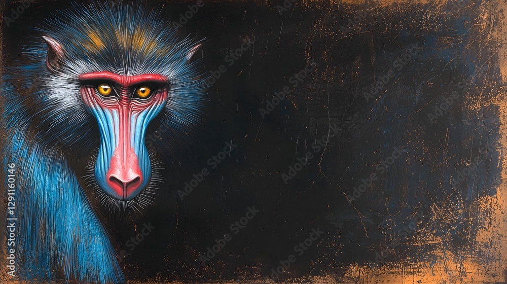 Striking portrait of a mandrill primate with an intense brooding gaze illustrated using precise cross hatching technique to emphasize its unique facial features and create a moody
