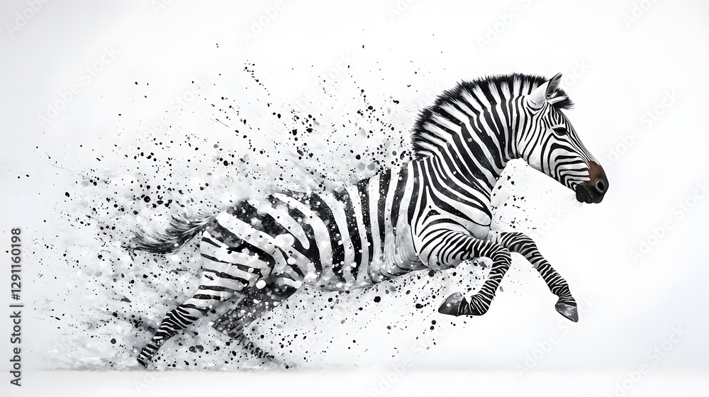 Striking Monochrome Depiction of a Prancing Zebra Blending its Natural Stripes into Abstract Ink Wash Movement and Energy