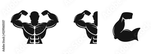 Silhouettes of Muscular Bodybuilding Poses Vector Flat Icon Set