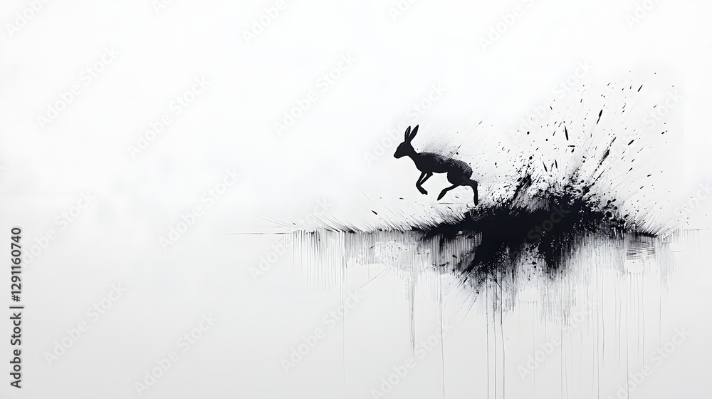 Swiftly Leaping Hare Ink Drawn Depiction of Speed and Agility in Nature A monochrome showcasing the grace and power of a hare sprinting across an open field