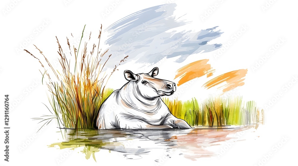 Tapir Resting Near Riverbank Depicted in a Classic Scientific Style with Soft Cross Hatching Detailing the Animal and Its Natural Habitat