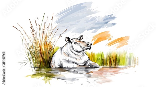 Obraz na płótnie Tapir Resting Near Riverbank Depicted in a Classic Scientific Style with Soft Cross Hatching Detailing the Animal and Its Natural Habitat w salonie