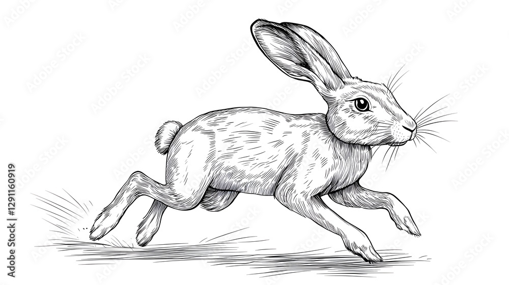 This striking ink drawing depicts a hare in full sprint its lean body and powerful limbs captured in a dynamic stylized composition that highlights the animal s incredible speed and agility