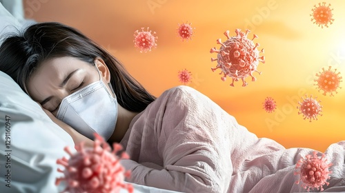 Obraz na płótnie Tired woman lying on hospital bed wearing face mask bathed in warm golden sunset light with drifting influenza virus particles in the air w salonie