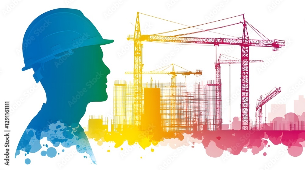 Vibrant and colorful of a construction site with a double exposure silhouette of a worker and the architectural elements of the site including cranes buildings and a blueprint in the background