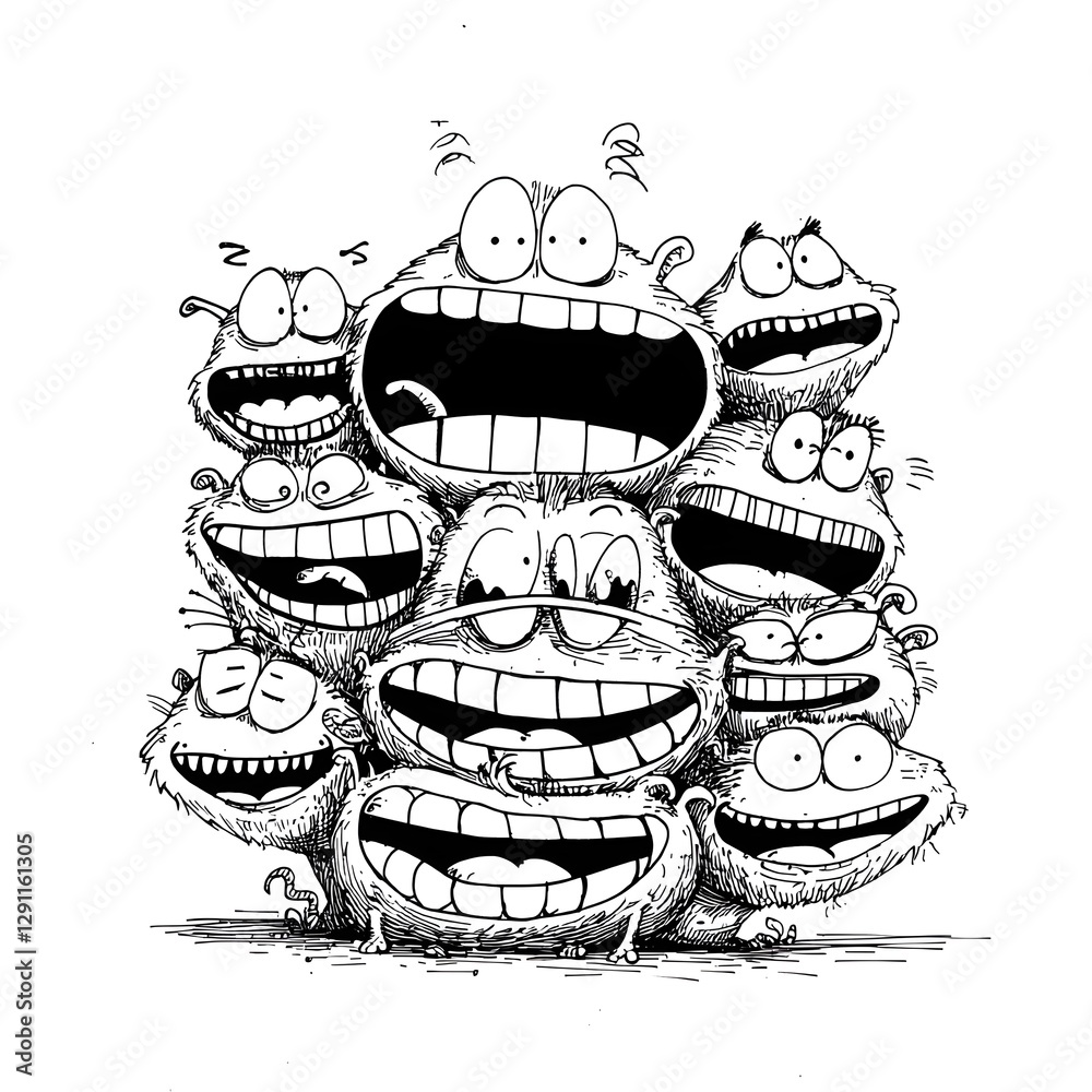 Unsettling and Menacing Pack of Hyenas Laughing Exaggeratedly in an Eerie Gothic Inspired Ink Drawing with Twisted Surreal Expressions