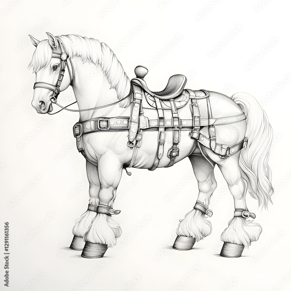Vintage pen and ink depicting a rustic farm scene with a plow horse at work in a pastoral landscape The classic textures and nostalgic style create a timeless historical feel