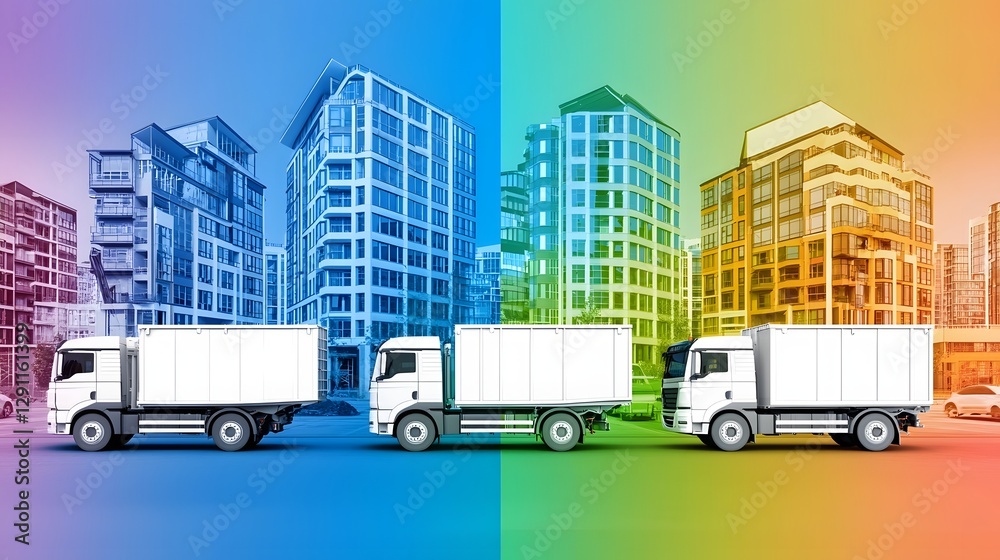 Vivid Colorful Delivery Trucks Transporting Building Materials on Construction Site with Double Exposure Silhouette Backdrop Logistics and Transportation Concept with Copy Space