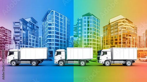 Obraz na płótnie Vivid Colorful Delivery Trucks Transporting Building Materials on Construction Site with Double Exposure Silhouette Backdrop Logistics and Transportation Concept with Copy Space w salonie